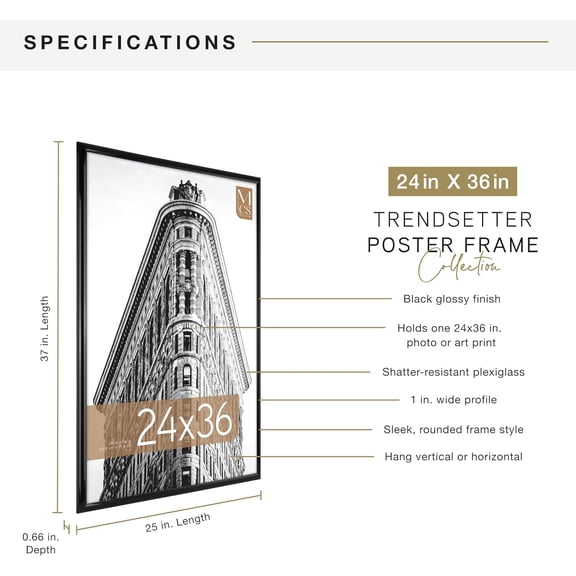 Trendsetter 24x36 Poster Frame Black High-Gloss, Vertical & Horizontal Wall Hanging Large Picture Frame for Photos, Posters & Art Prints (1-Pack)