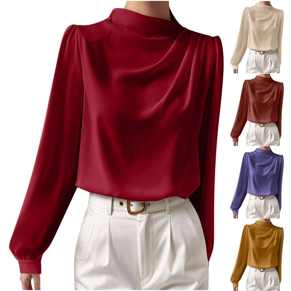 Trendsetting Women's Apparel Fashion Plus Size 2024 Women's Winter Solid Color New Elegant Shirt Long Sleeved Chiffon Semi High Neck Pullover Top