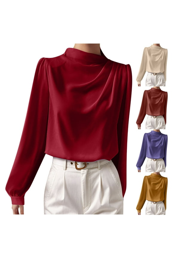 Trendsetting Women's Apparel Fashion Plus Size 2024 Women's Winter Solid Color New Elegant Shirt Long Sleeved Chiffon Semi High Neck Pullover Top