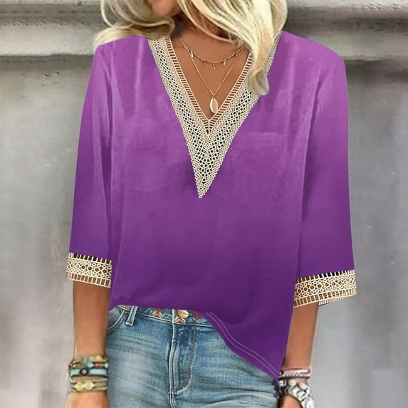 Trendsetting Women's Apparel Fashion Plus Size Fashion Women's Summer V-Neck 3/4 Sleeve Lace Splicing Solid Casual T-shirt Blouse Top