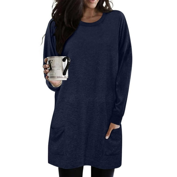 Trendsetting Women's Apparel Fashion Plus Size Women's Casual Crewneck Long Sleeve Lantern Sleeves Pullover Color WIth Pocket Tops