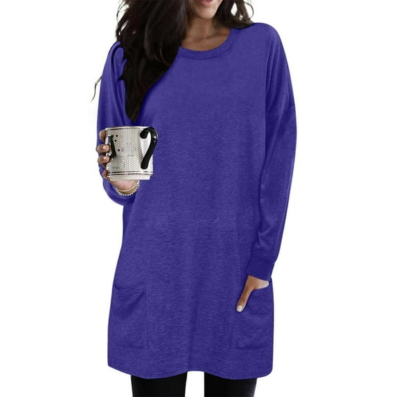 Trendsetting Women's Apparel Fashion Plus Size Women's Casual Crewneck Long Sleeve Lantern Sleeves Pullover Color WIth Pocket Tops