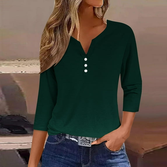 Trendsetting Women's Apparel Fashion Plus Size Women's Fashion Casual Solid T-shirt 3/4 Sleeves Buttons Blouse V-Neck Casual Tops