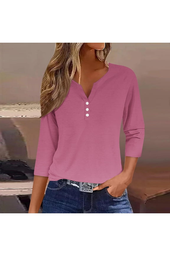 Trendsetting Women's Apparel Fashion Plus Size Women's Fashion Casual Solid T-shirt 3/4 Sleeves Buttons Blouse V-Neck Casual Tops