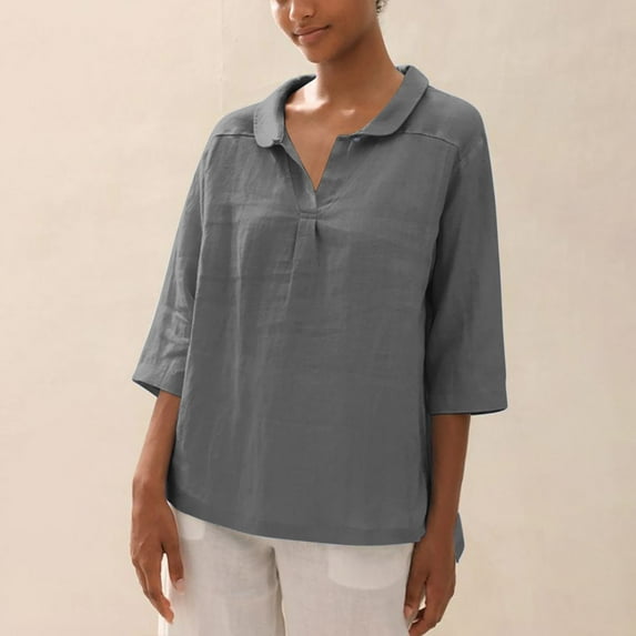 Trendsetting Women's Apparel Fashion Plus Size Womens Solid Color V-neck Loose Button Blouse 3/4Sleeve Casual Work Tunic Tops