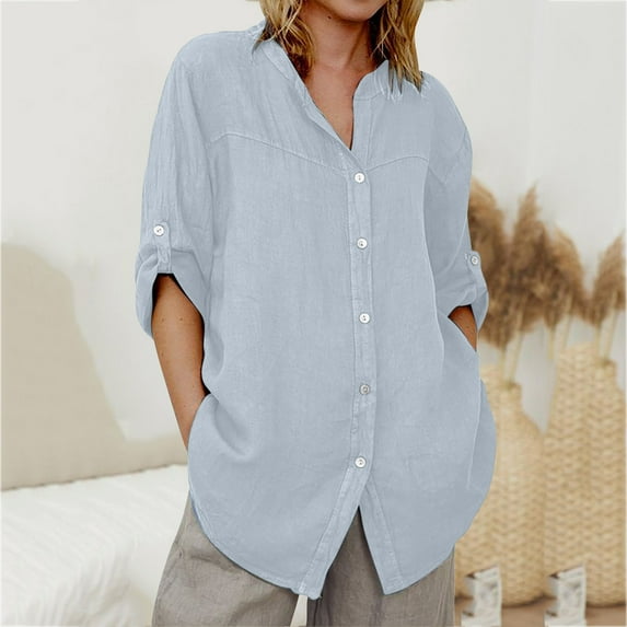 Trendsetting Women's Apparel Fashion Plus Size Womens Solid Color V-neck Loose Button Blouse 3/4Sleeve Casual Work Tunic Tops