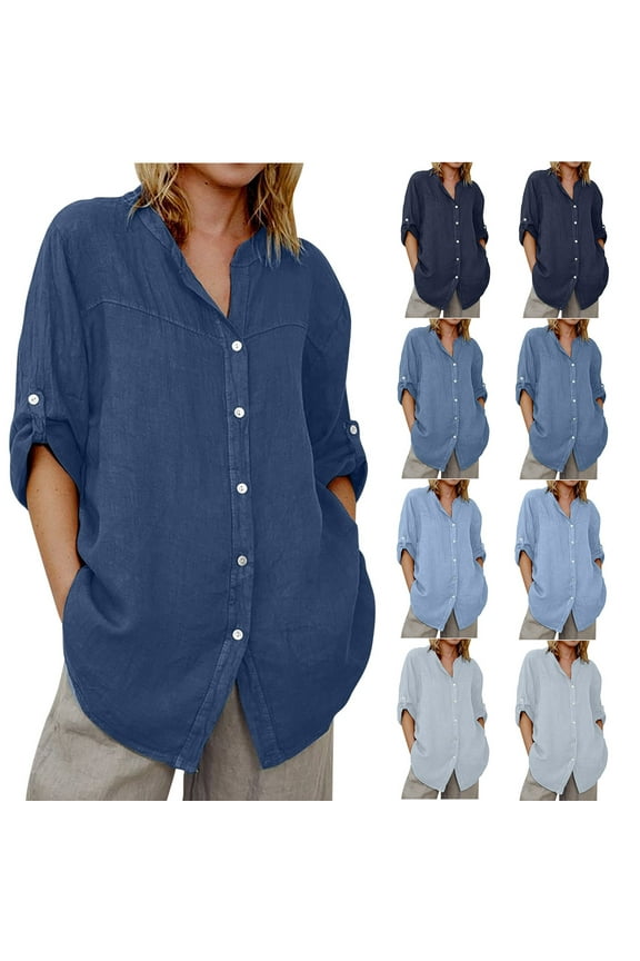 Trendsetting Women's Apparel Fashion Plus Size Womens Solid Color V-neck Loose Button Blouse 3/4Sleeve Casual Work Tunic Tops