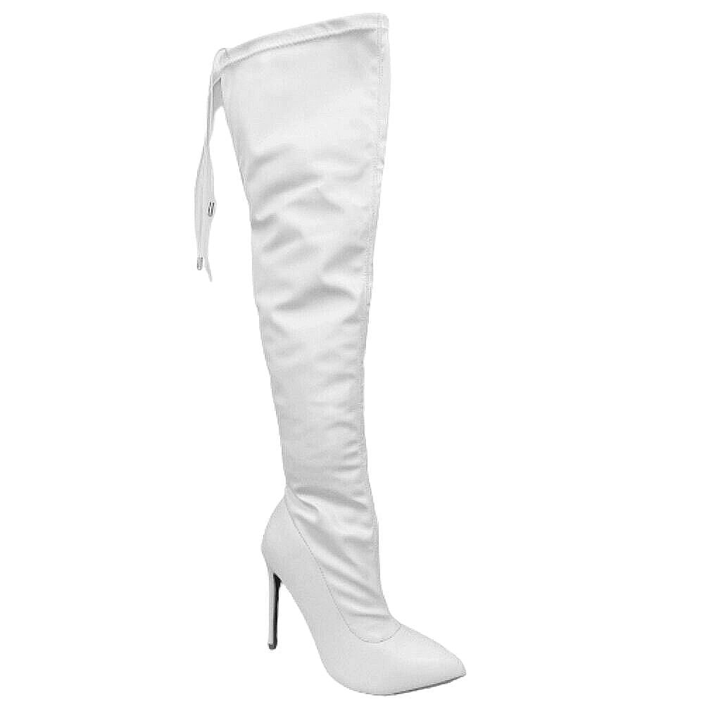Women's Pointed Toe Thigh High Boots - Stiletto Heel, Stretchy Elastic, Slip On Style, 4 Inch Heel