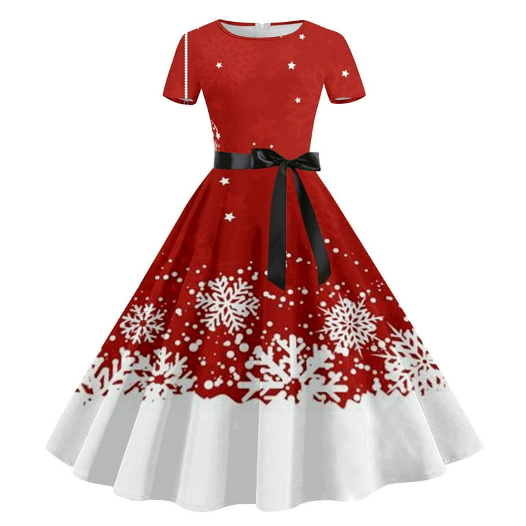 Trendvibe365 Christmas Dresses Women Snowflakes Crew Neck Xmas Dress Short Sleeve Dress Round Neck Holiday Graphic Women Christmas Santa Elk Vintage