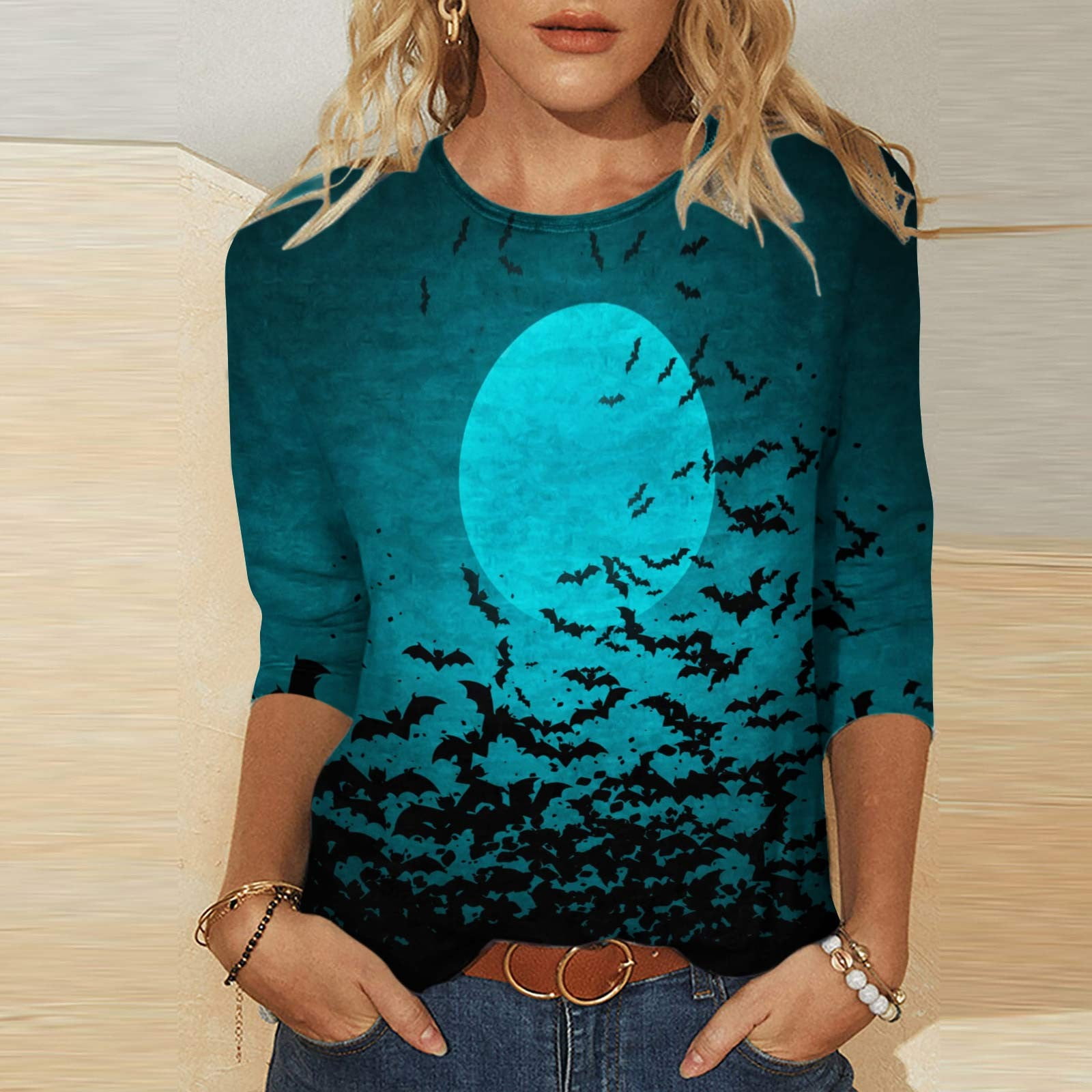 Trendvibe365 Shirts for Women Halloween Shirt Tshirt 3/4 Sleeve Bats