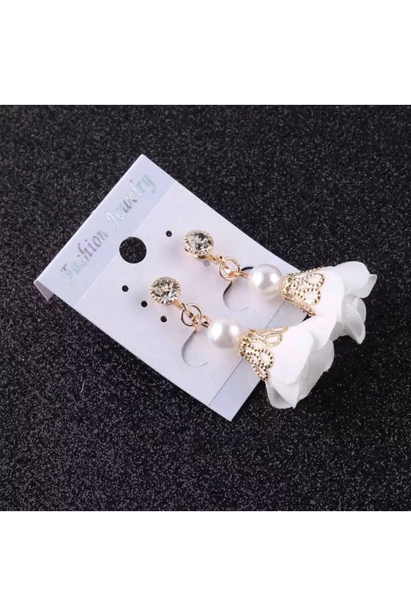Trendy 1 1/2" clip on gold, white satin flower and pearl earrings