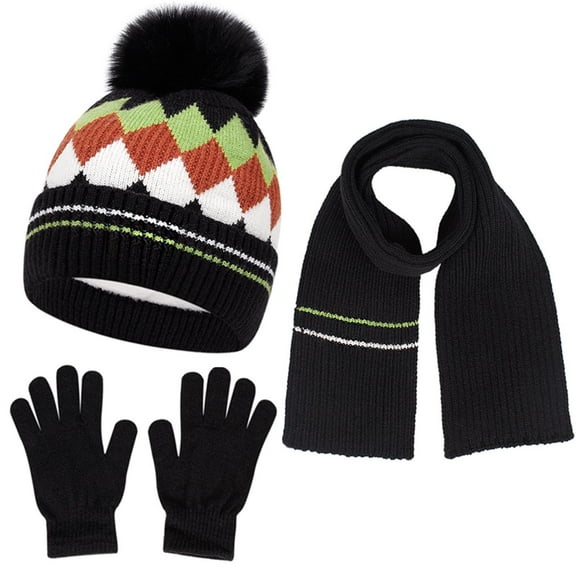 Trendy 1-8 Age Group Outdoor Warm Three-Piece Set Classic Argyle Knitted Beanie Fleece Lined Ear Warmer + Scarf + Gloves Soft Comfortable Cold-Resistant