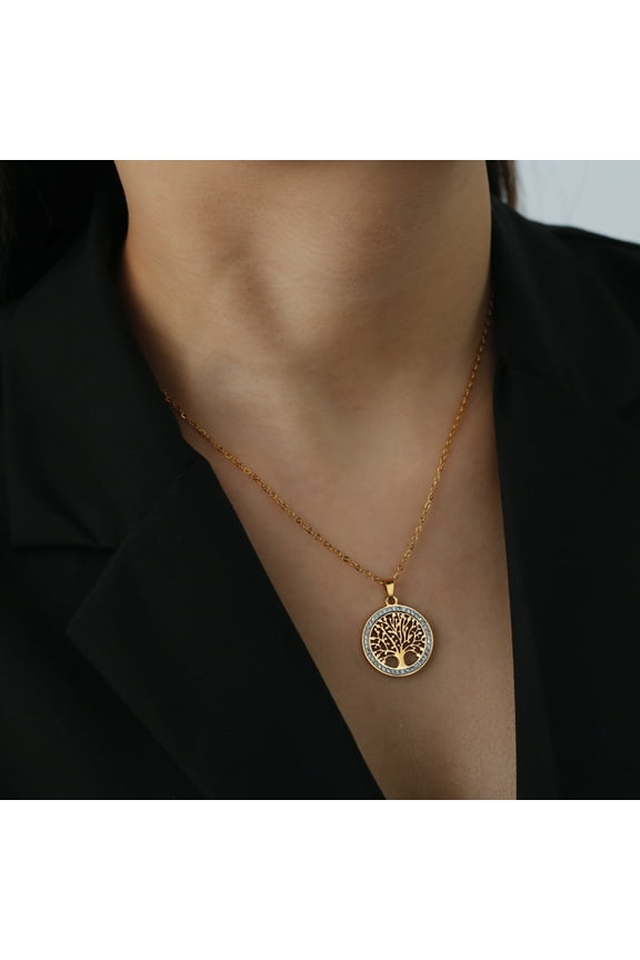 Trendy 14K Yellow Gold Rhinestone Tree of Life Pendant Necklace For Women Charm Summer Clavicle Chain Jewelry