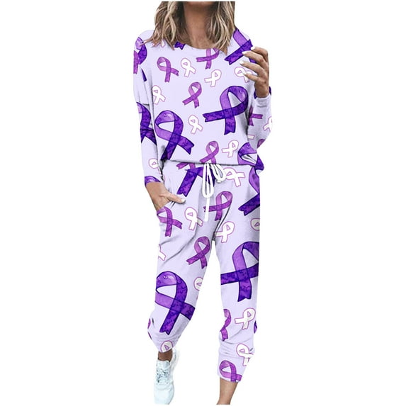 Trendy 2 Piece Outfits for Women Sweatsuits Breast Cancer Awareness Series Clothes Long Sleeve Top Sweatpant Sets (4XL, Purple)