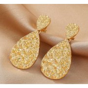 Trendy 2" clip on gold textured dangle solid teardrop earrings