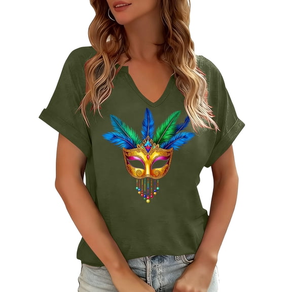 Trendy 2026 Festival Tee – Women's Carnival Print T-Shirt, V Neck Short Sleeve Casual Graphic Top in Vibrant Pattern for Summer Holiday Party Wear