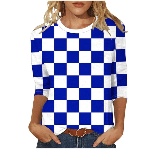 Trendy 3/4 Length Sleeve Tops for Women Graphic Plaid Print Crewneck Base Tee Fall Spring Summer Tshirts (4XL, Navy)