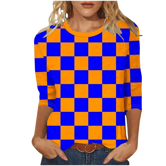 Trendy 3/4 Length Sleeve Tops for Women Graphic Plaid Print Crewneck Base Tee Fall Spring Summer Tshirts (4XL, Orange)
