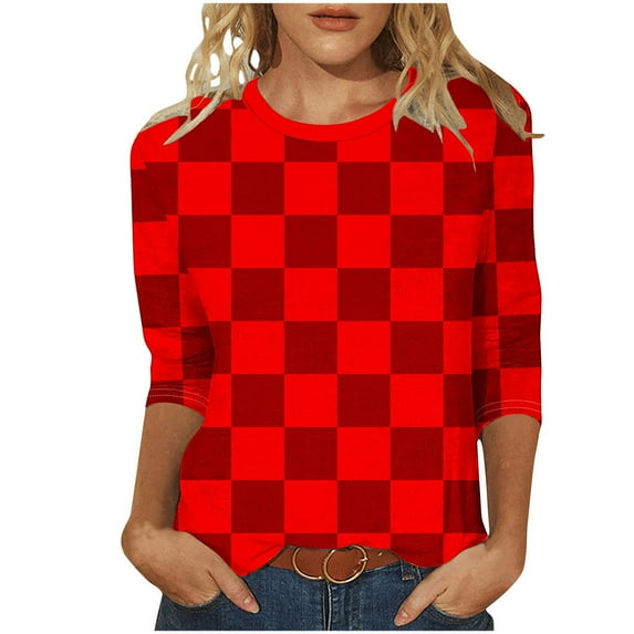 Trendy 3/4 Length Sleeve Tops for Women Graphic Plaid Print Crewneck Base Tee Fall Spring Summer Tshirts (M, Red)