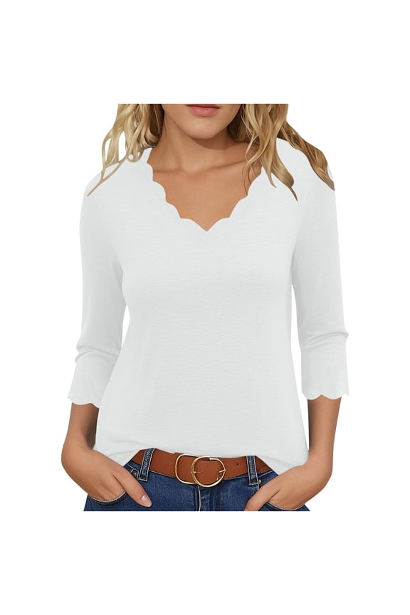 Trendy 3/4 Sleeve Tops for Women V Neck Scalloped Dressy Casual T-Shirts Solid Color Fall Spring Summer Tees (S, White)
