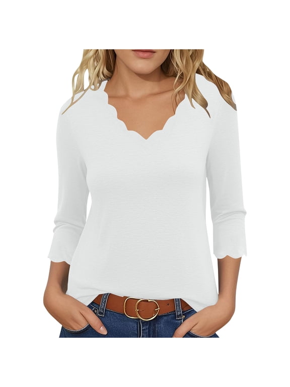 Trendy 3/4 Sleeve Tops for Women V Neck Scalloped Dressy Casual T-Shirts Solid Color Fall Spring Summer Tees (XL, White)