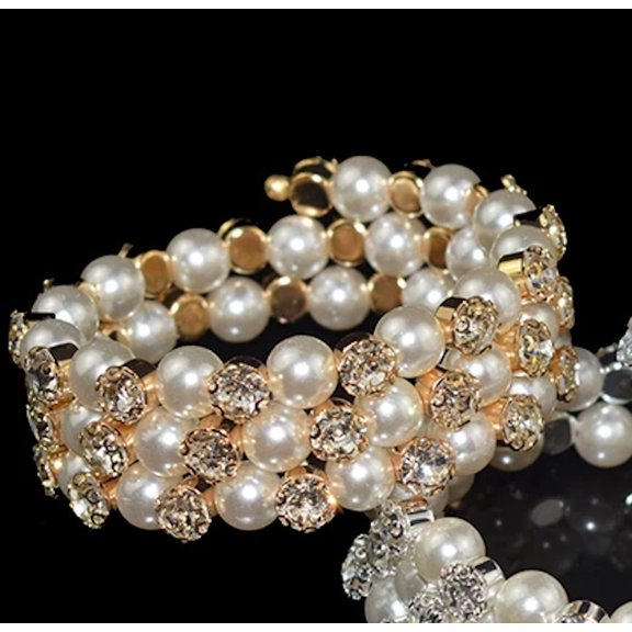 Trendy 3 Row Pearl with Gold Crystal Stylish Stretch Adjustable Fashion Jewelry Bracelet