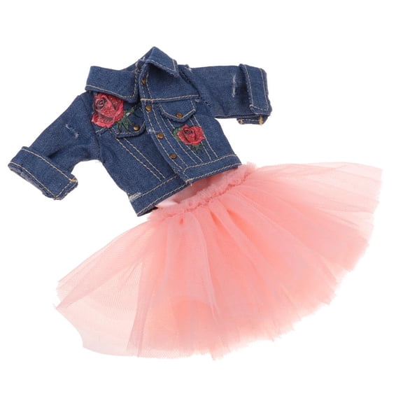 Trendy 4-Layers Gauzy Dress Jeans Jacket Suit Clothes For 1/6 BJD  inch Doll Party Outfit Pink