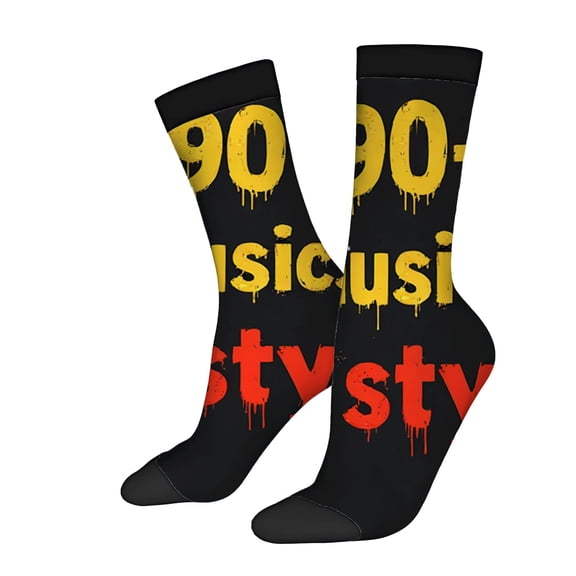 Trendy 90s-Inspired Socks - 2 Pairs of Black Socks with Bold Dripping Text Design: ' 90s Music ' & ' stvstv ' in Yellow & Red
