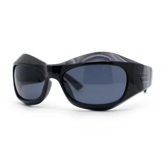 Trendy 90s Sport Wrap Thick Bevel Plastic Oval Sunglasses All Black