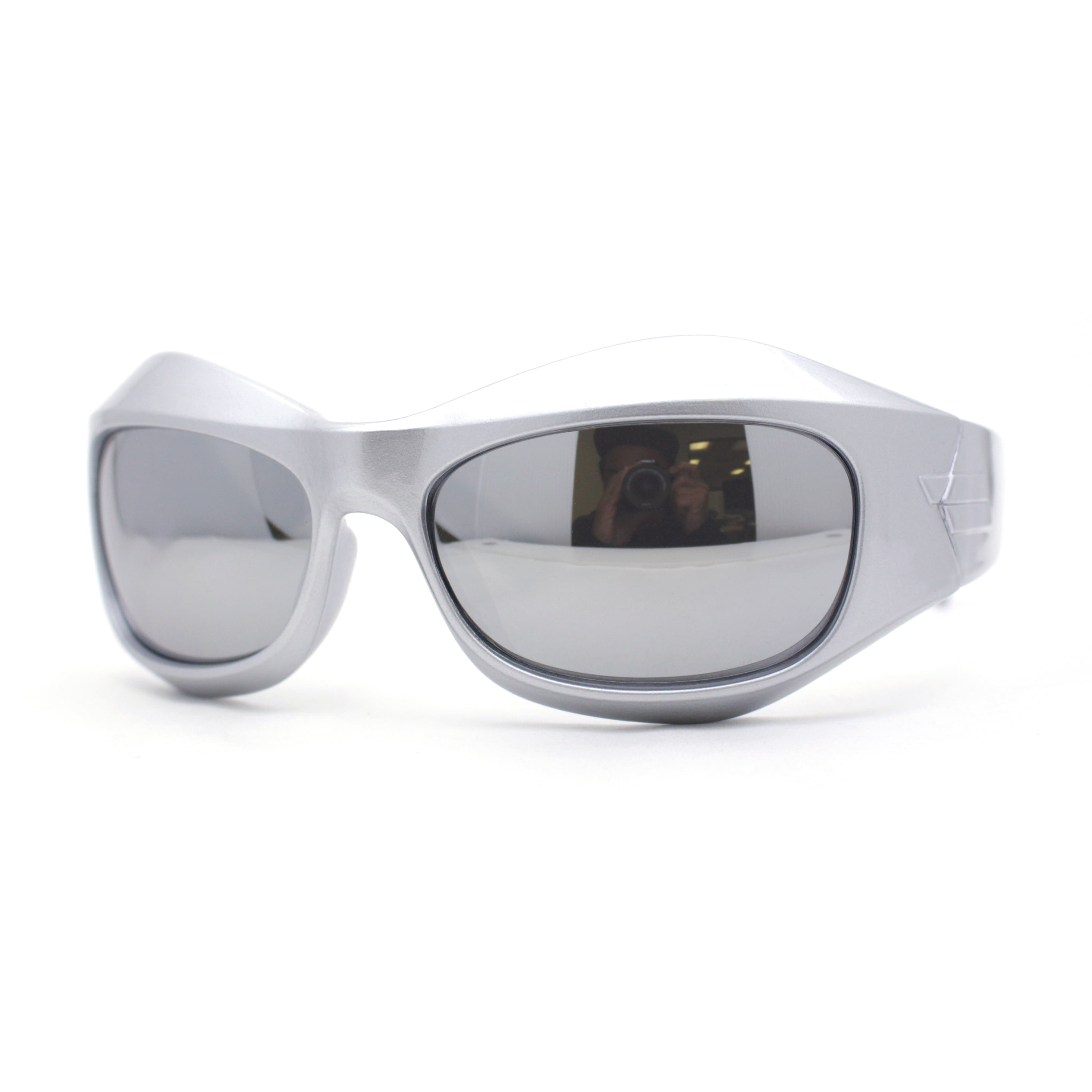 Trendy 90s Sport Wrap Thick Bevel Plastic Oval Sunglasses Silver 