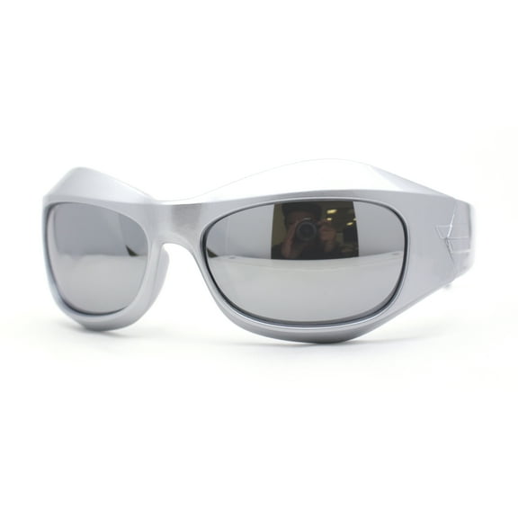 Trendy 90s Sport Wrap Thick Bevel Plastic Oval Sunglasses Silver Mirror