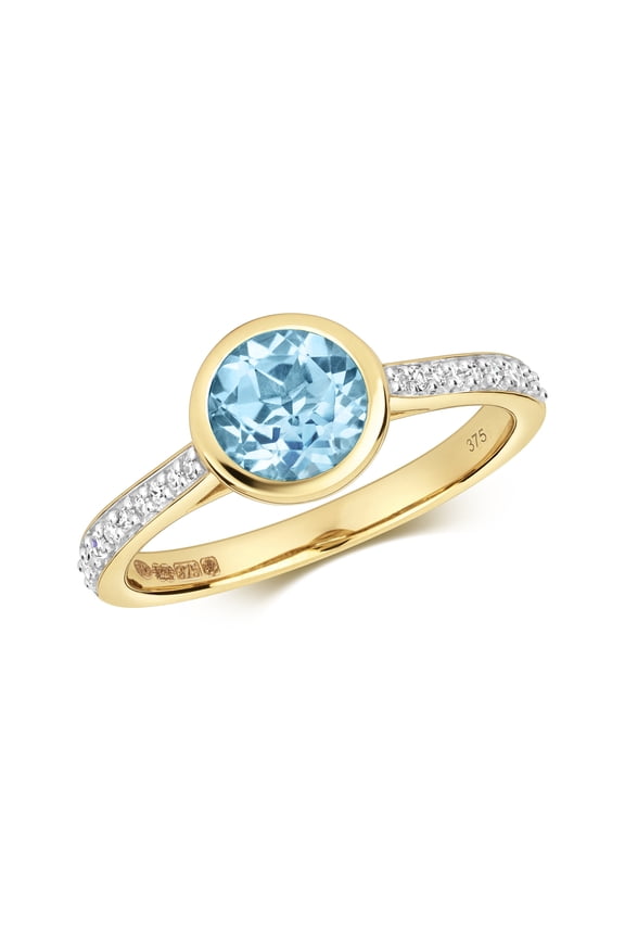 Trendy 9k Gold Women Diamond Solitaire Ring Brilliant Cut 0.12 Carat with Blue Topaz