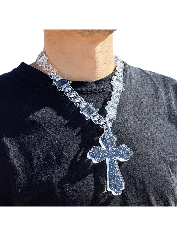 Trendy Acrylic Iridescent Transparent Big Cross Pendant thorns Chain Necklace Hiphop Bramble Wire Necklaces Fashion Male Jewelry,a