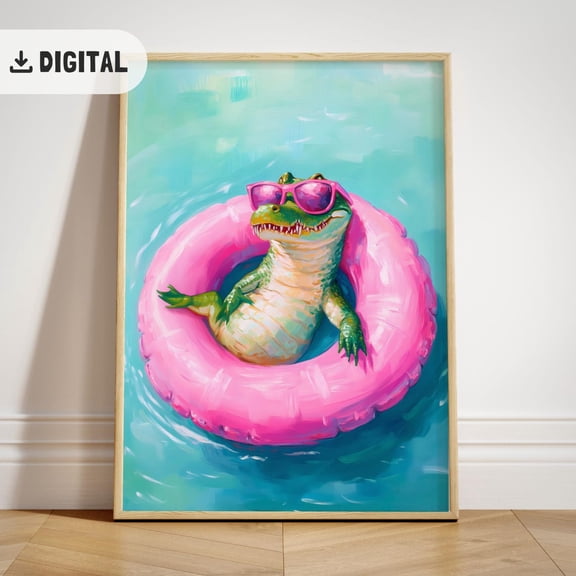 Trendy Alligator Summer Pool Party Decoration Positive Vibe Art Beach Funky Animal Coastal Crocodile Wall Art Unframed Paper Print