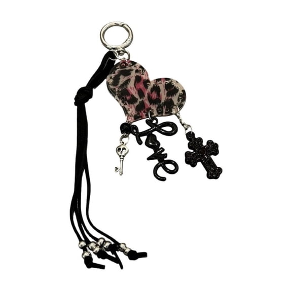 Trendy Animal Print Heart Shaped Bag Charm Stylish Pendant Key Ring Feature Lightweight Design for Bags