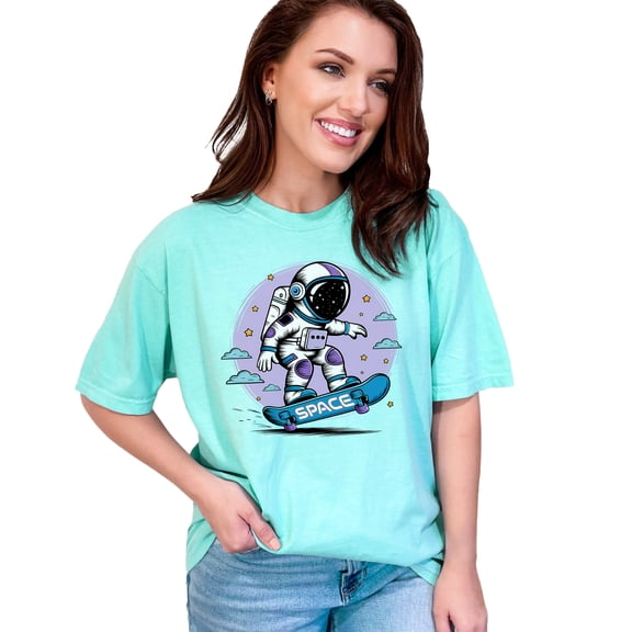 Trendy Astronaut Skateboarding T-Shirt, Space Lover Graphic Tee, Cool Outer Space Themed Shirt for Skaters, Unique Gift Idea, Chalky Mint Comfort Colors T-Shirt, XL