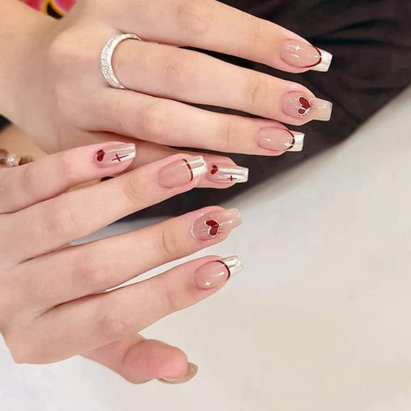 Trendy Autumn Winter Press On Nail Heart Short Square False Nail French Tips