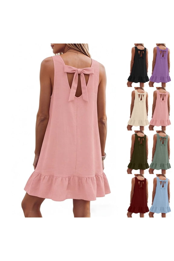 Trendy Babydoll Dress for Women Round Neck Sleeveless Splice Ruffle Mini Dress with Bow Tie Back Cute Summer Beachy Sundress