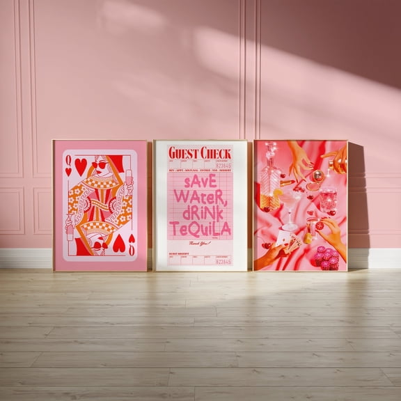 Trendy Bar Cart Decor Pink Three Piece Wall Art Funky Retro Triptych Prints Set 3 Stretched Canvas 16x24