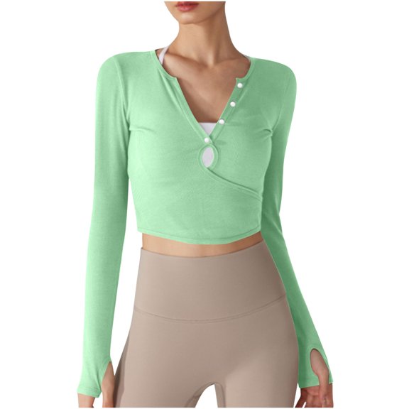 Trendy Base Layer Crop Top Women Long Sleeve Keyhole Crop Tops with Thumb Hole for Women Seamless Ribbed Cropped Tee