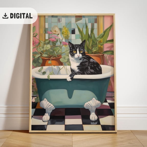 Trendy Bath Cat Poster Bathroom Wall Art Bathtub Cat Catful Tet Bathtube Wall Decor Cat Restroom Decoration Poster Wc, Unframed Poster Size 12x18