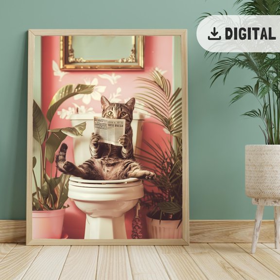 Trendy Bathroom Art Poster Reading Cat On Tet Guest Bathroom Pink Wall Decor Cat Bathroom Decoration Poster Wc Wall Art, F112, Unframed Poster Size 8x12