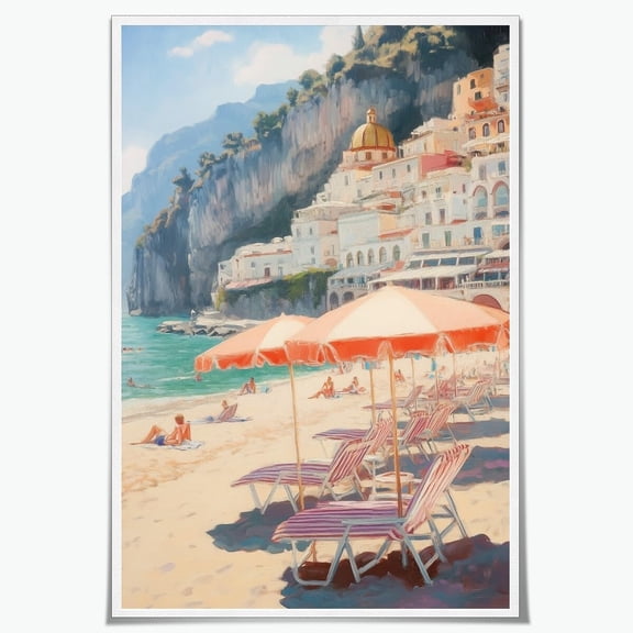Trendy Beach Canvas Wall Art Pink Vintage Amalfi Coast Italy Landscape Canvas Print Summer Aesthetic Poster for Home Bedroom Coastal Dorm Bathroom Wall Decor 8x12inch Unframed