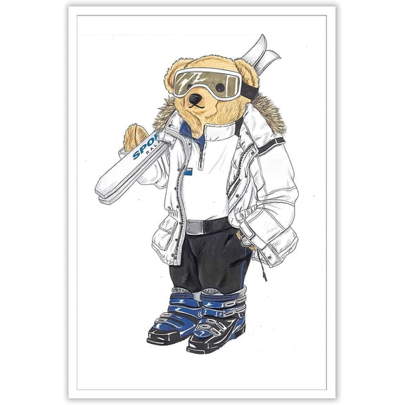 Trendy Bear Canvas Wall Art Funny Love Skiing Sports Bear Poster Funky Abstract Animal Luxury Fashion Prints Painting For Home Bedroom Dorm Apartment Wall Decor 8x12in Unframed