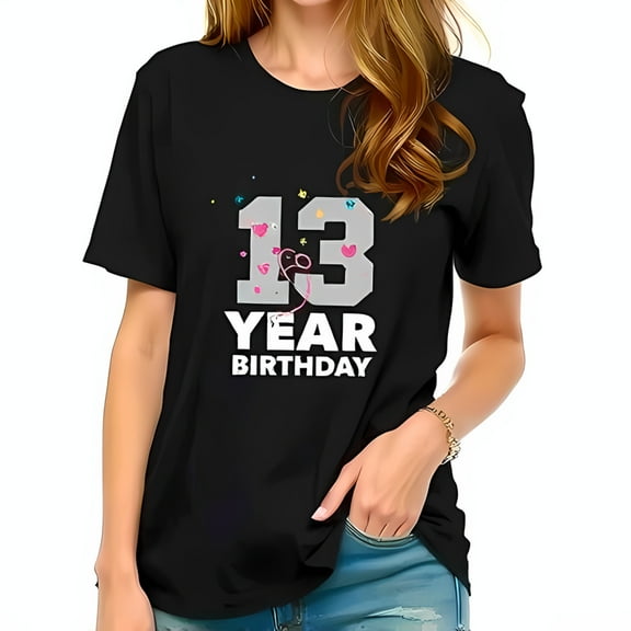 Trendy Black Cotton Short Sleeve T-Shirt for 13th Birthday with Colorful Hearts & Sparkles Bold " 13 YEAR BIRTHDAY " Design Perfect for Celebrations