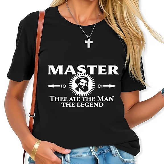 Trendy Black Cotton Short Sleeve T-Shirt with Bold 'MASTER' Graphic & Whimsical 'Thee The Man The Legend' Phrase
