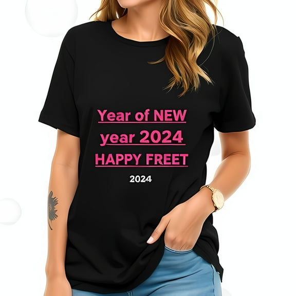 Trendy Black Cotton Short Sleeve T-Shirt with Bold 'Year of NEW 2024' Graphic Design in Bright Pink - Perfect for New Year Celebrations