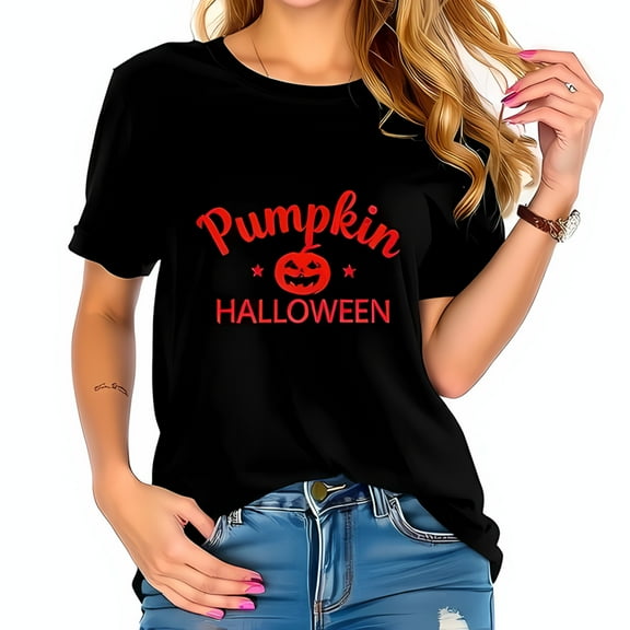 Trendy Black Cotton Short Sleeve T-Shirt with Bright Red 'Pumpkin' Design & Graphic for Halloween