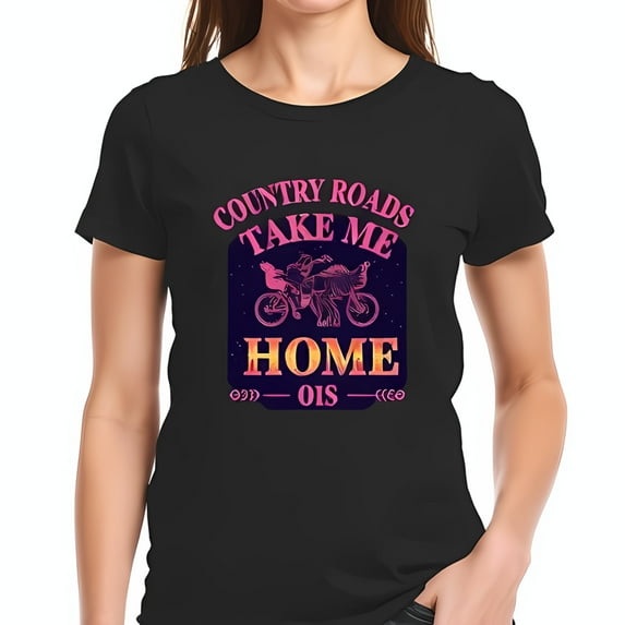 Trendy Black Cotton Short Sleeve T-Shirt with " COUNTRY ROADS TAKE ME HOME " Graphic Motorbike & Dog Design