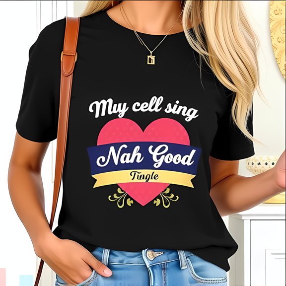 Trendy Black Cotton Short Sleeve T-Shirt with Colorful Heart Graphic & Humorous Slogan " My Cell Sing Nah Good Tingle "
